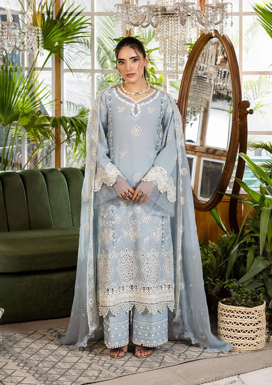 Pakistani Elaf Chikankari Embroidered Lawn Unstitched Three Piece - Sky Dream