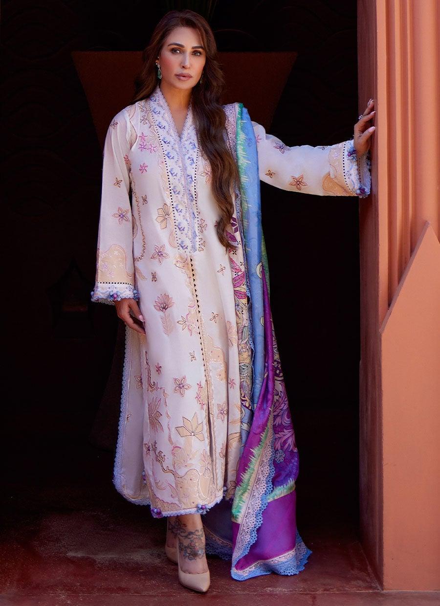 Pakistani Embroidered Unstitched Three Piece - Ivory