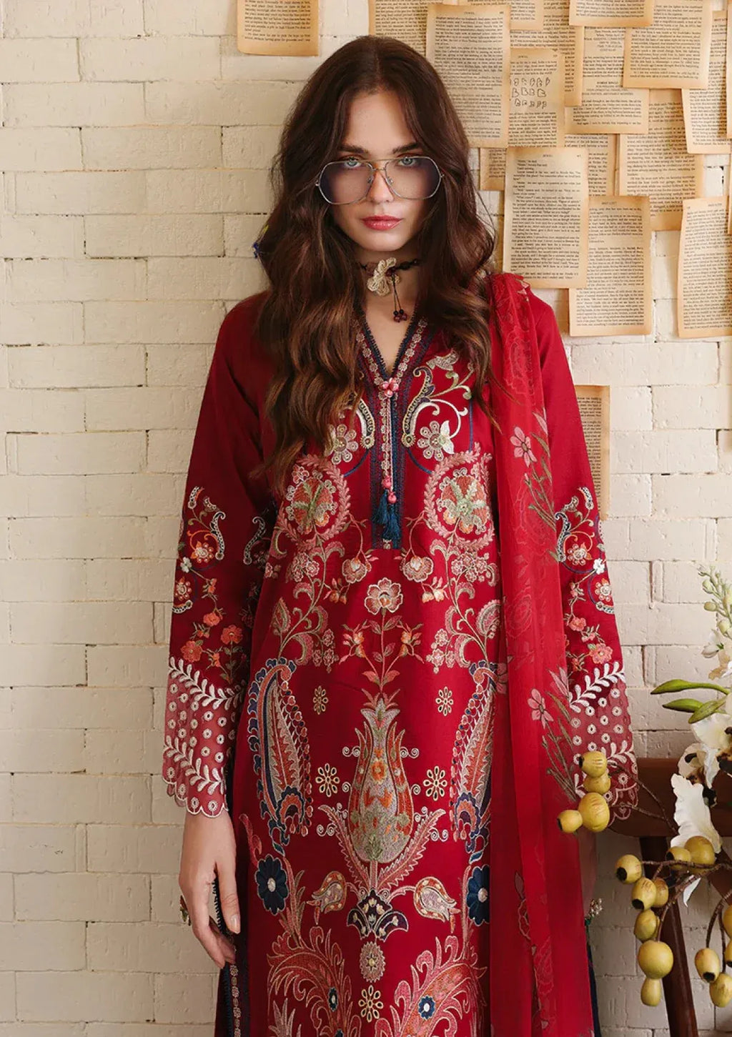 Pakistani Chikankari Embroidered Lawn Three Piece Suit - Red