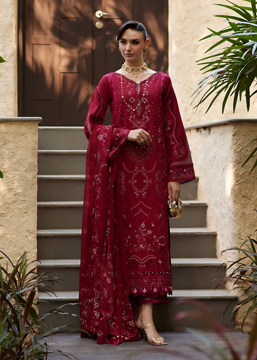 Pakistani Kanwal Malik Ariya Lawn Unstitched Three Piece - Maroon