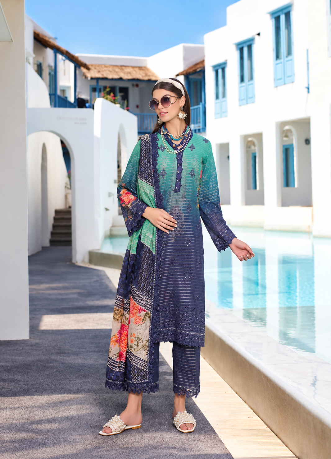 Pakistani Embroidered Printed Lawn Unstitched Three Piece
