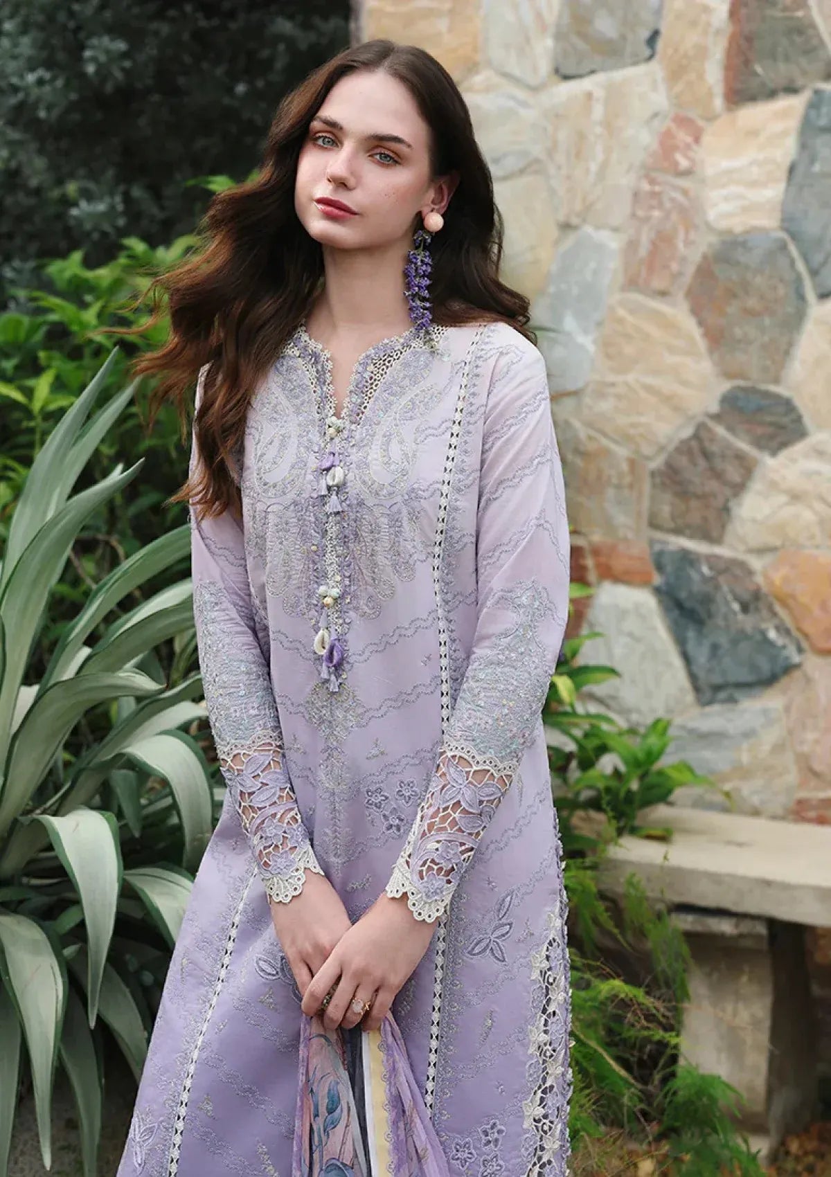 Pakistani Chikankari Embroidered Lawn Three Piece Suit - Lavender