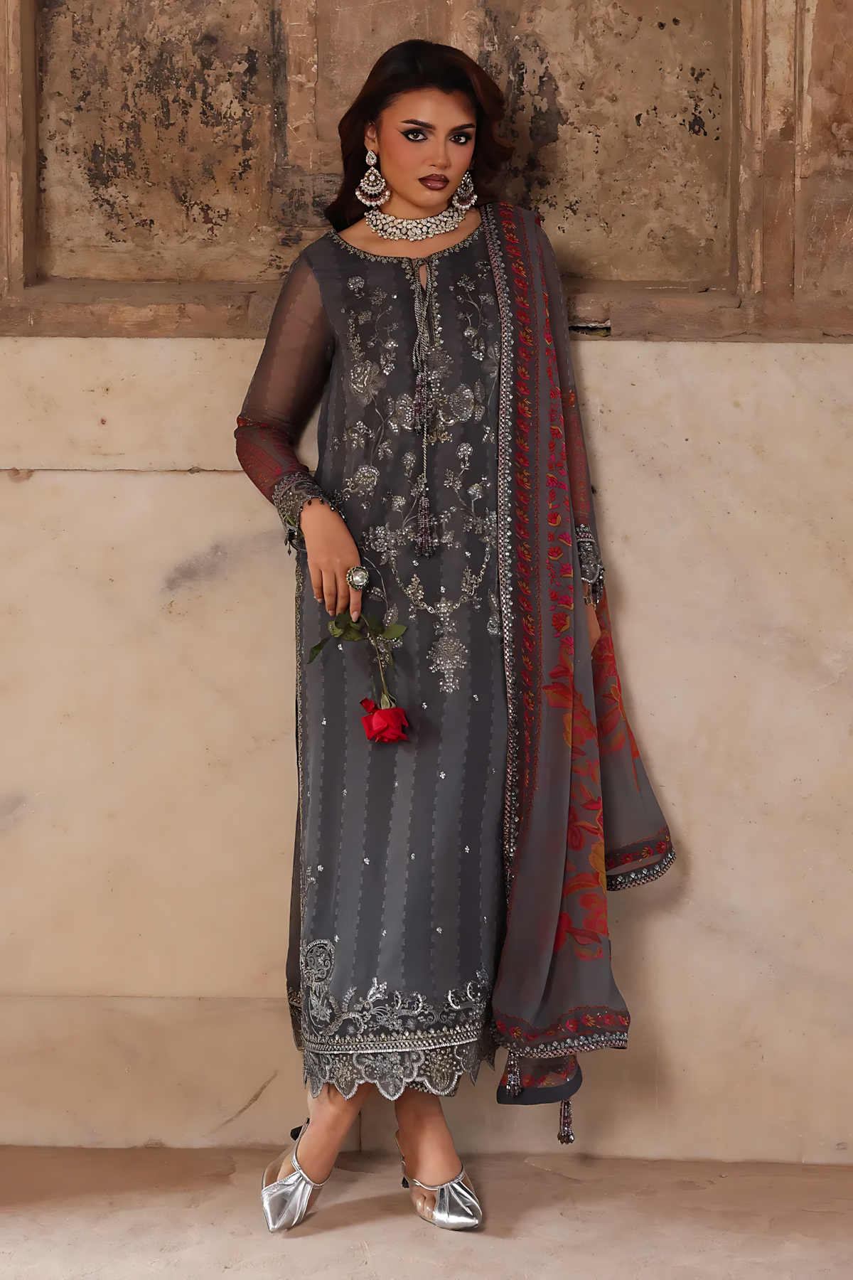 Pakistani Charizma Vasal Embroidered Unstitched Three Piece - Dark Grey