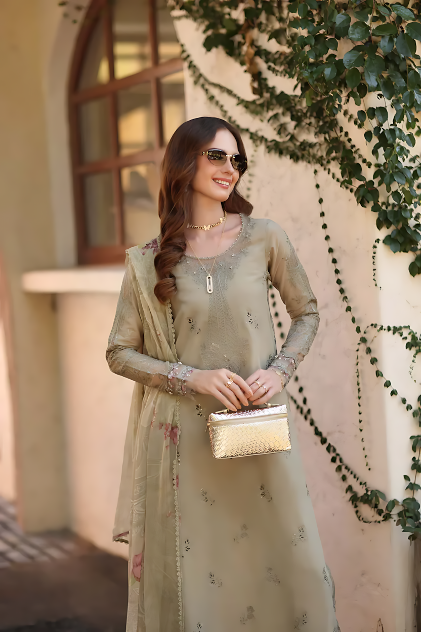 Pakistani Noor By Saadia Asad Lawn Unstitched Three Piece - Pale Oyster