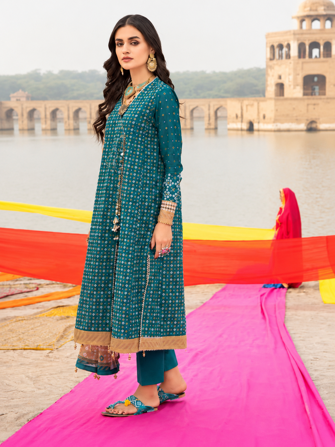 Pakistani GulAhmed Chunri Unstitched Lawn Three Piece - Deep Teal