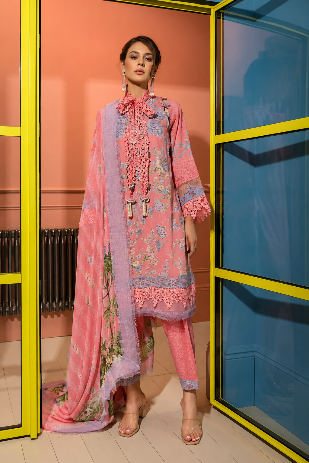 Pakistani Printed Embroidered Three Piece Suit With Chiffon Dupatta