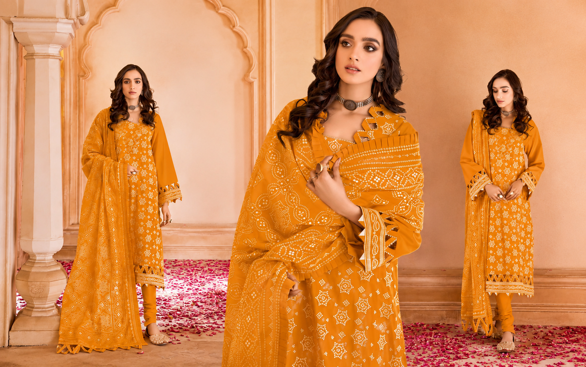 Pakistani GulAhmed Chunri Unstitched Lawn Three Piece - Yellow