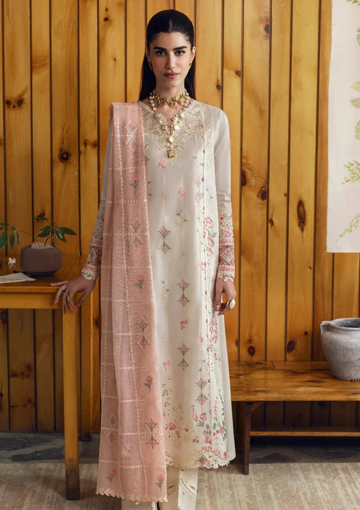 Pakistani Qalamkar Embroidered Unstitched Three Piece - Blush Pink