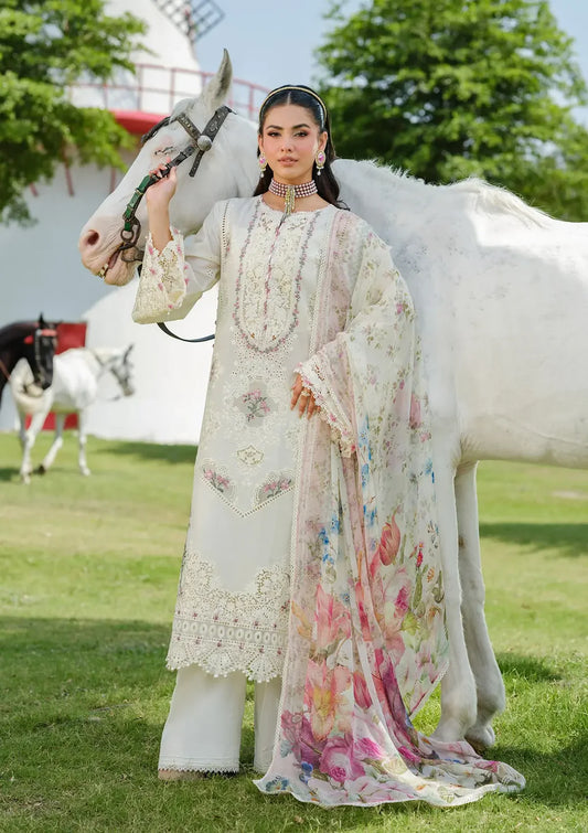Pakistani Elaf Laserwork Lawn Unstitched Three Piece - White Empress