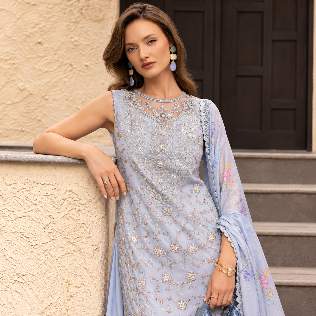 Pakistani Embroidered Lawn Unstitched Suit With Digital Printed Silk Dupatta