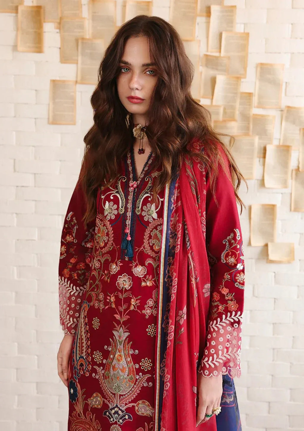 Pakistani Chikankari Embroidered Lawn Three Piece Suit - Red