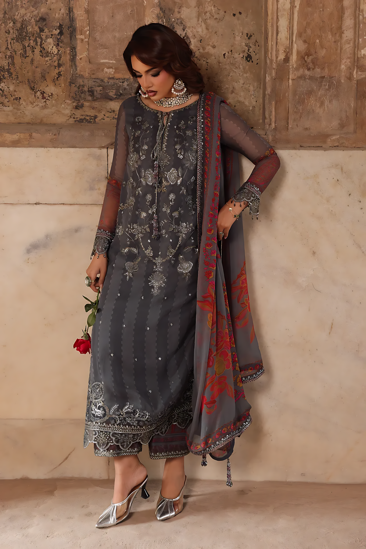 Pakistani Charizma Vasal Embroidered Unstitched Three Piece - Dark Grey
