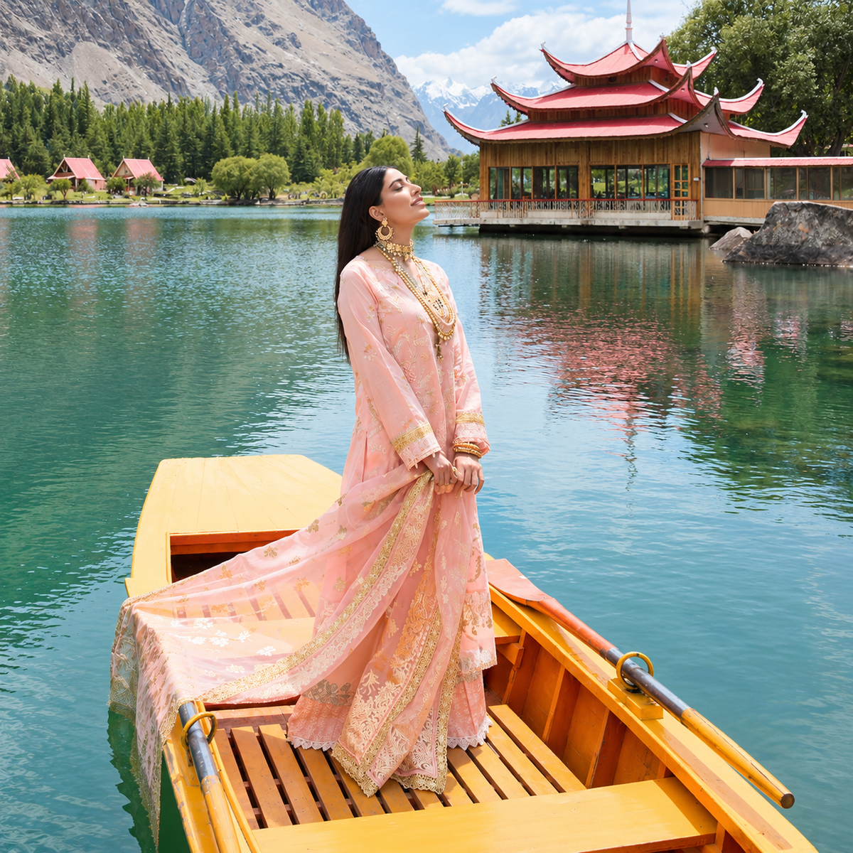 Pakistani Floral Embroidered Three Piece Suit With Embellished Dupatta