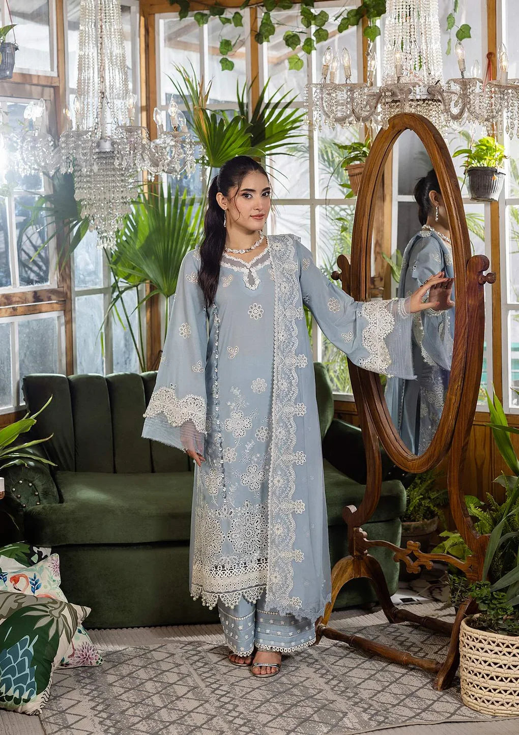 Pakistani Elaf Chikankari Embroidered Lawn Unstitched Three Piece - Sky Dream