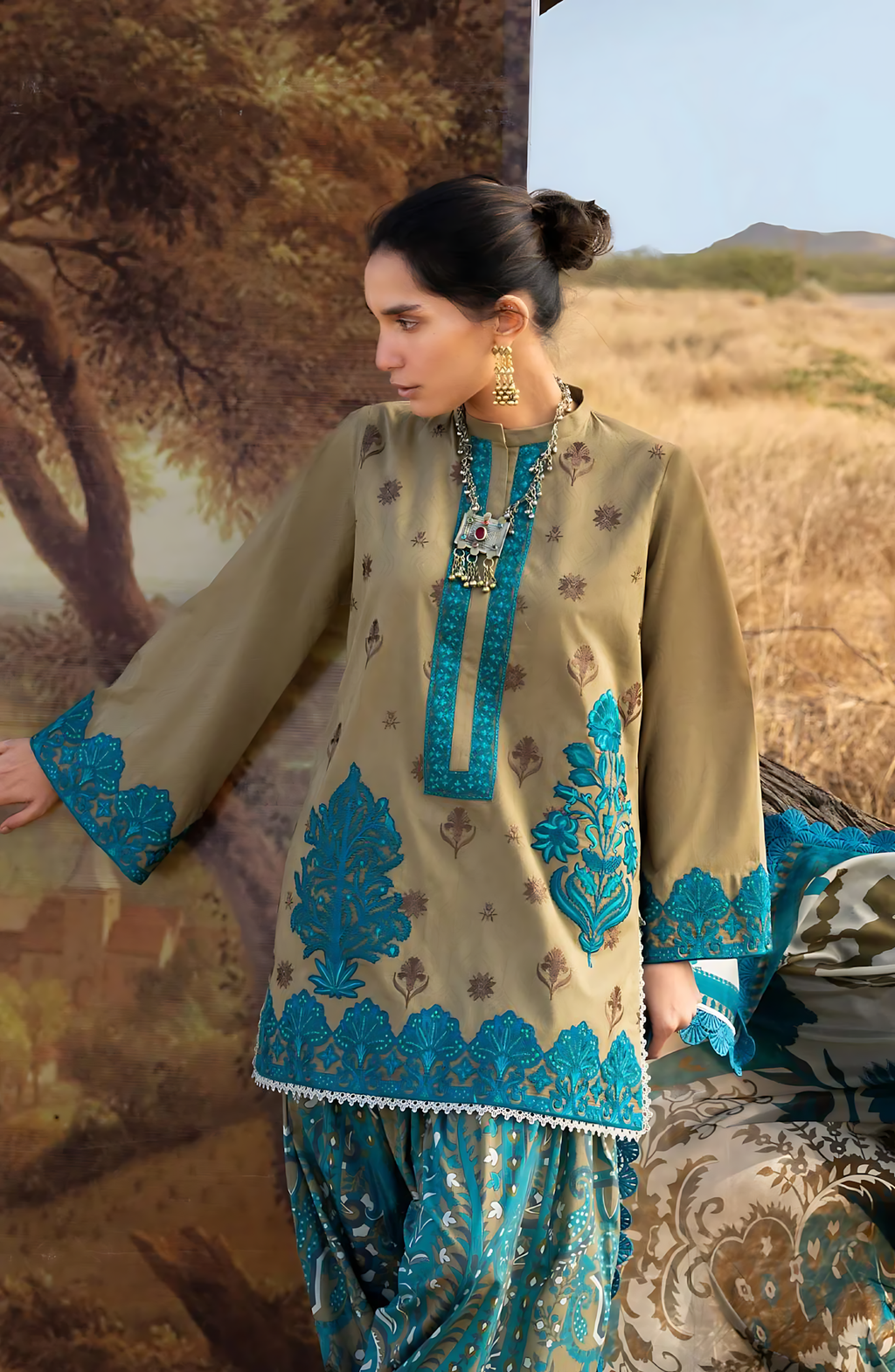 Pakistani Zainab Chottani Embroidered Jacquard Unstitched Three Piece - Beige