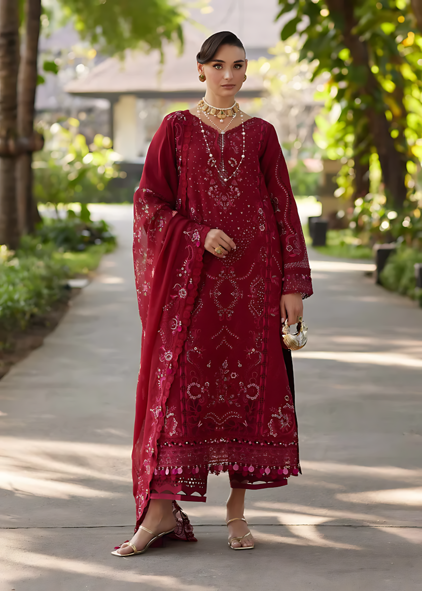 Pakistani Kanwal Malik Ariya Lawn Unstitched Three Piece - Maroon