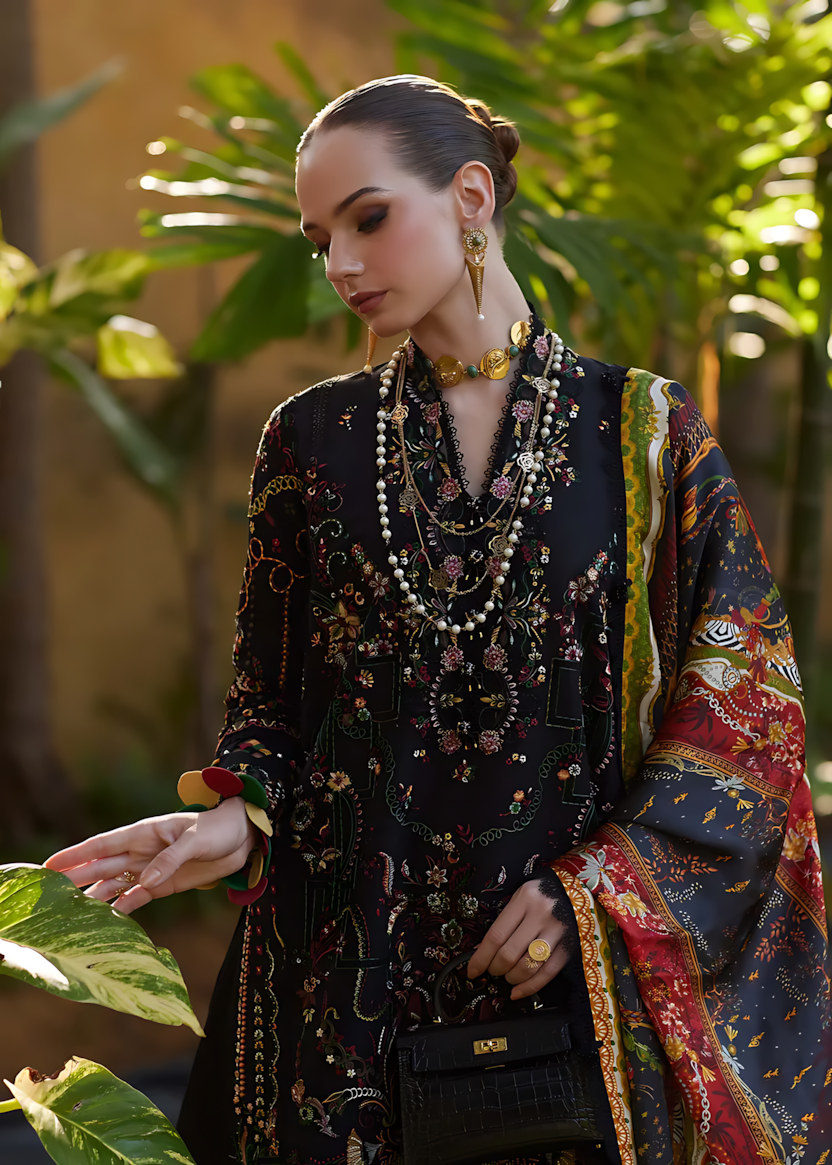 Pakistani Kanwal Malik Ariya Lawn Unstitched Three Piece - Black