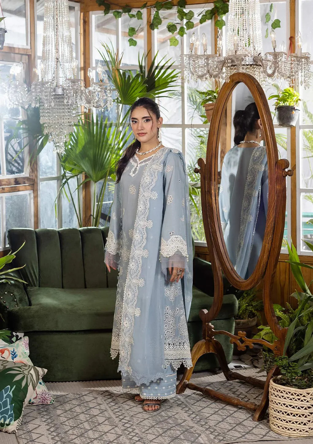 Pakistani Elaf Chikankari Embroidered Lawn Unstitched Three Piece - Sky Dream