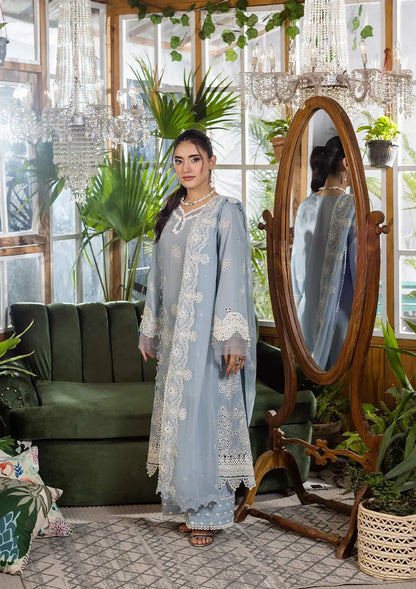 Pakistani Elaf Chikankari Embroidered Lawn Unstitched Three Piece - Sky Dream
