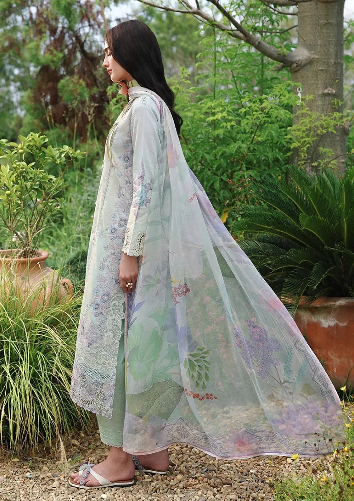 Pakistani Chikankari Embroidered Lawn Three Piece Suit - Mint Green