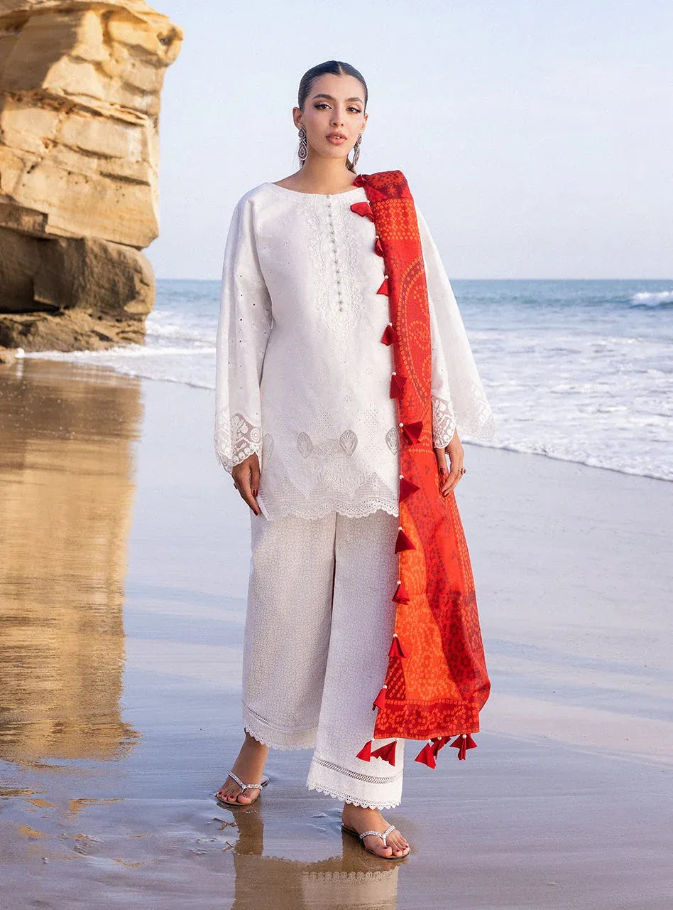 Pakistani Embroidered Unstitched Three Piece - White
