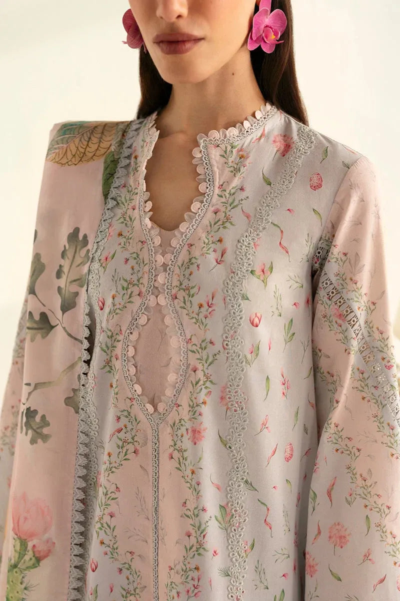 Pakistani Qalamkar QPrints Unstitched Printed Lawn Three Piece - Light Pink
