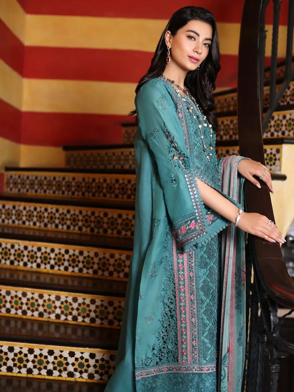 Pakistani Noor by Saadia Asad Unstitched Three Piece - Dusty Teal