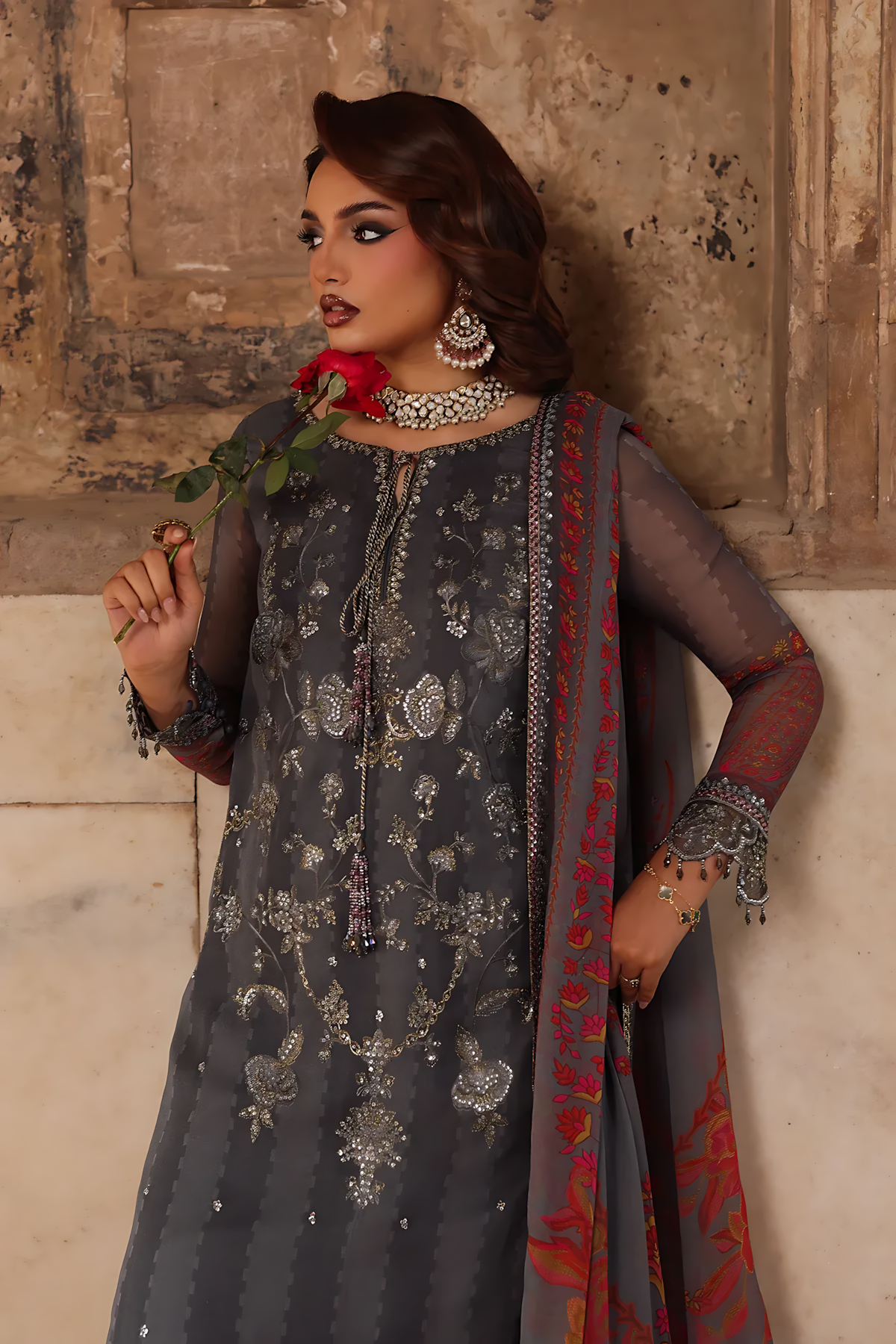 Pakistani Charizma Vasal Embroidered Unstitched Three Piece - Dark Grey