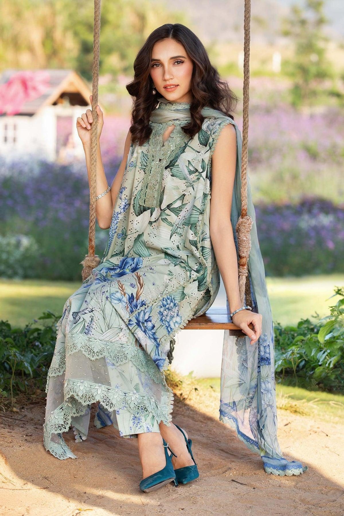 Pakistani Printed Embroidered Lawn Unstitched Three Piece Suit With Chiffon Dupatta