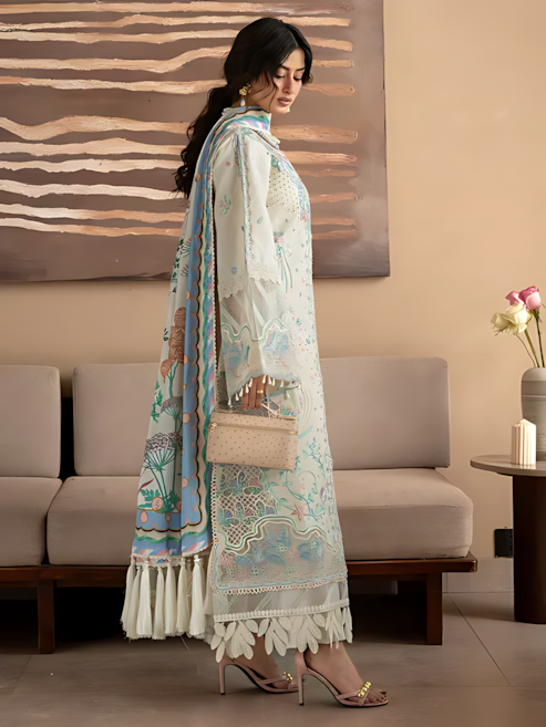 Pakistani Mahnur Sirene Lawn Unstitched Three Piece - Off White