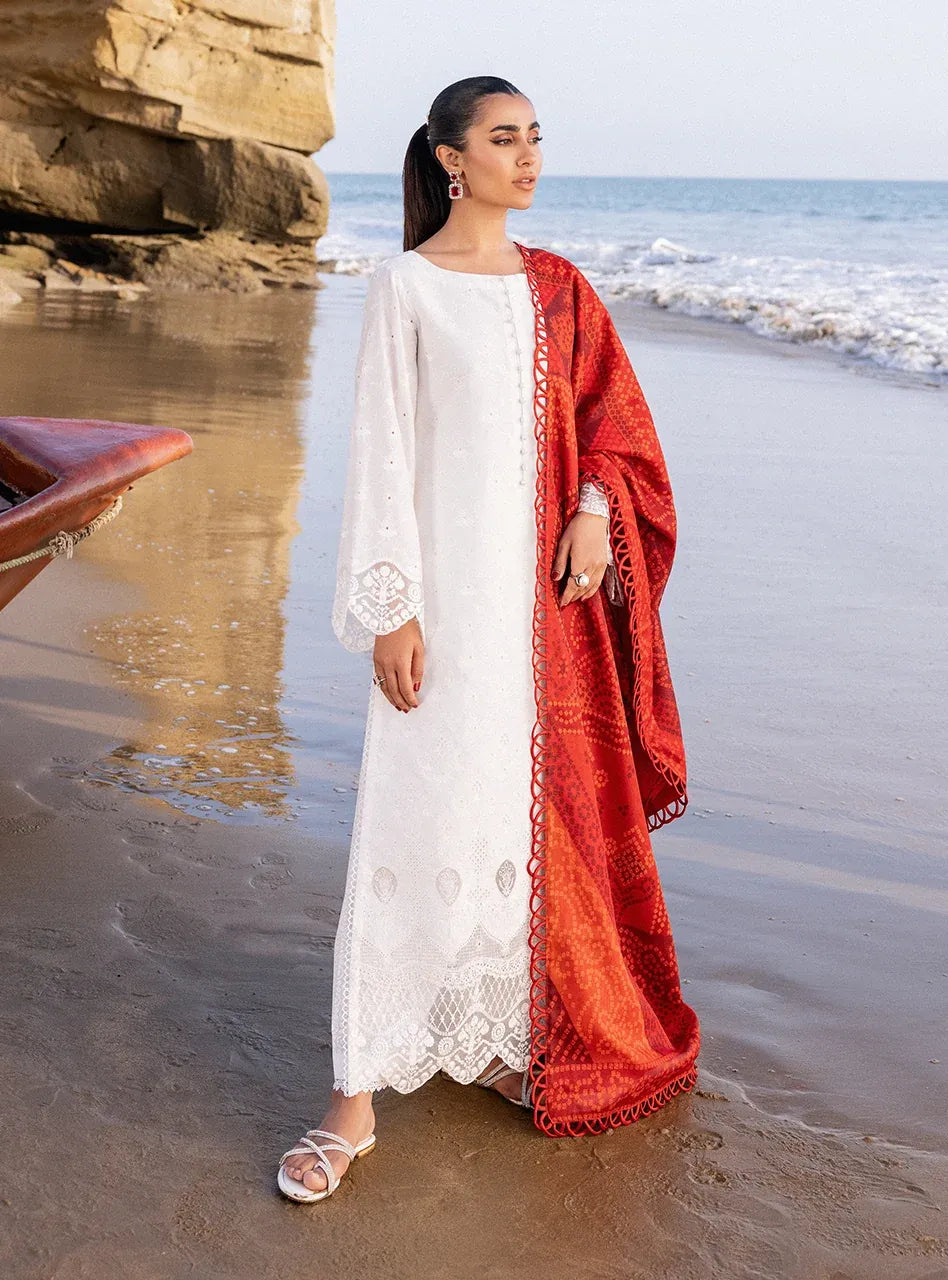 Pakistani Embroidered Unstitched Three Piece - White