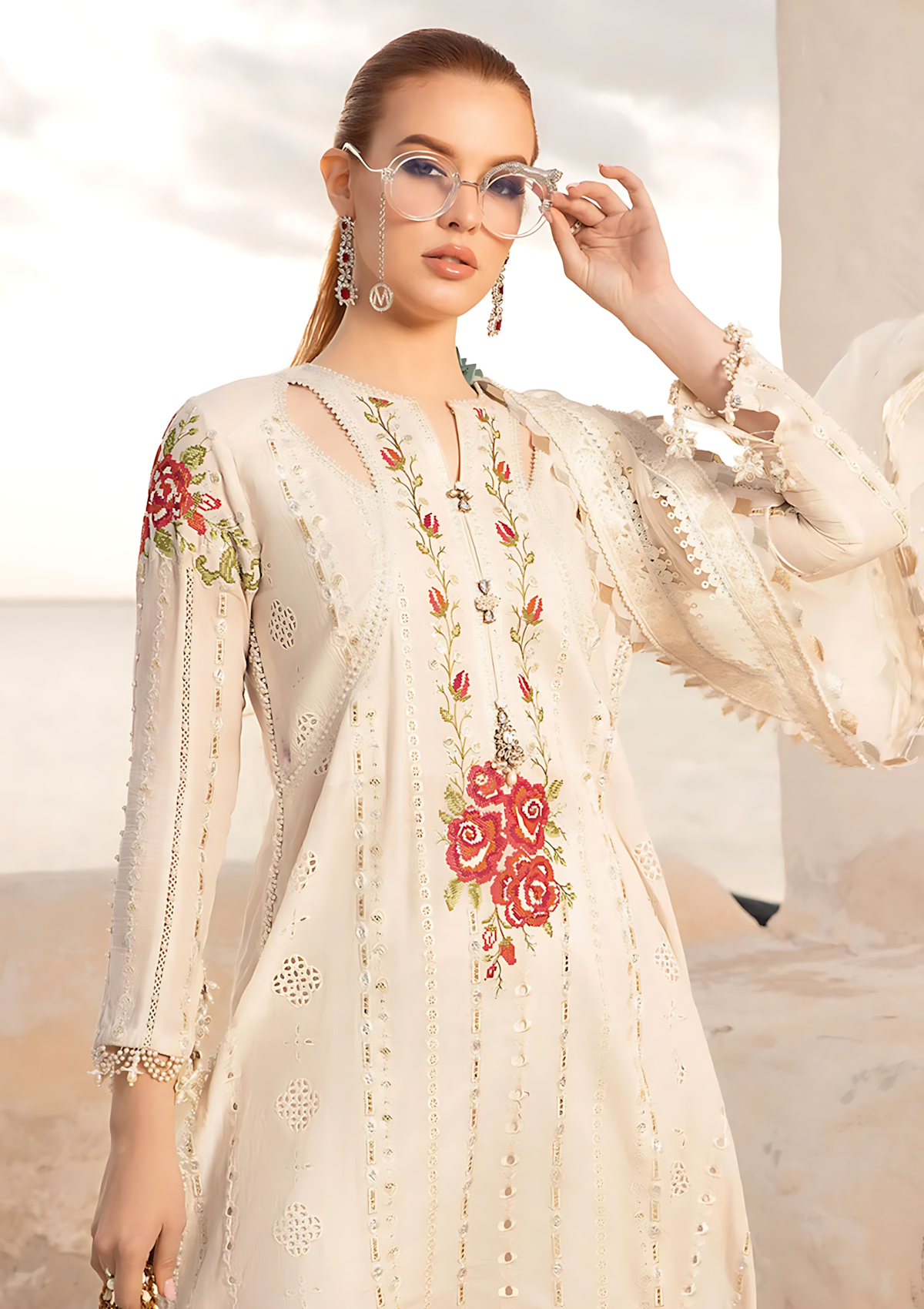 Pakistani Maria B Embroidered Organza Unstitched Three Piece - Off White