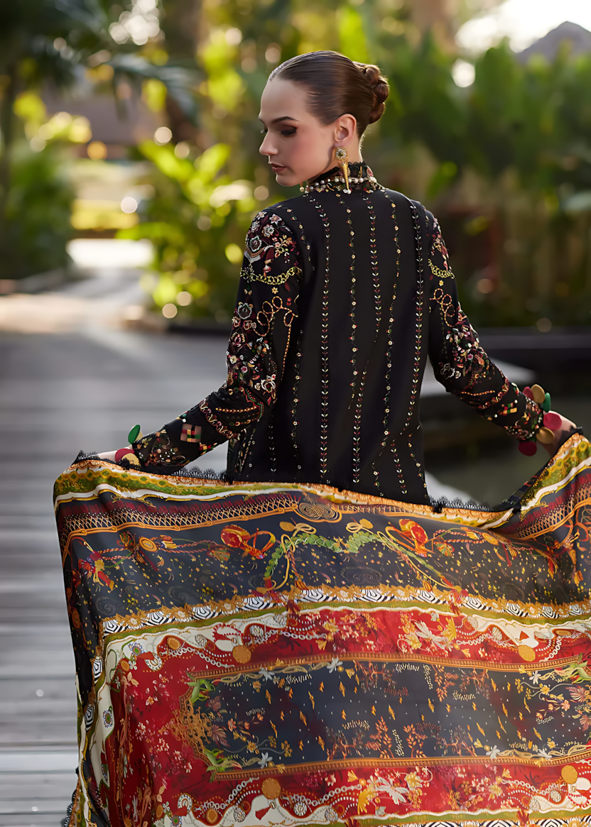 Pakistani Kanwal Malik Ariya Lawn Unstitched Three Piece - Black