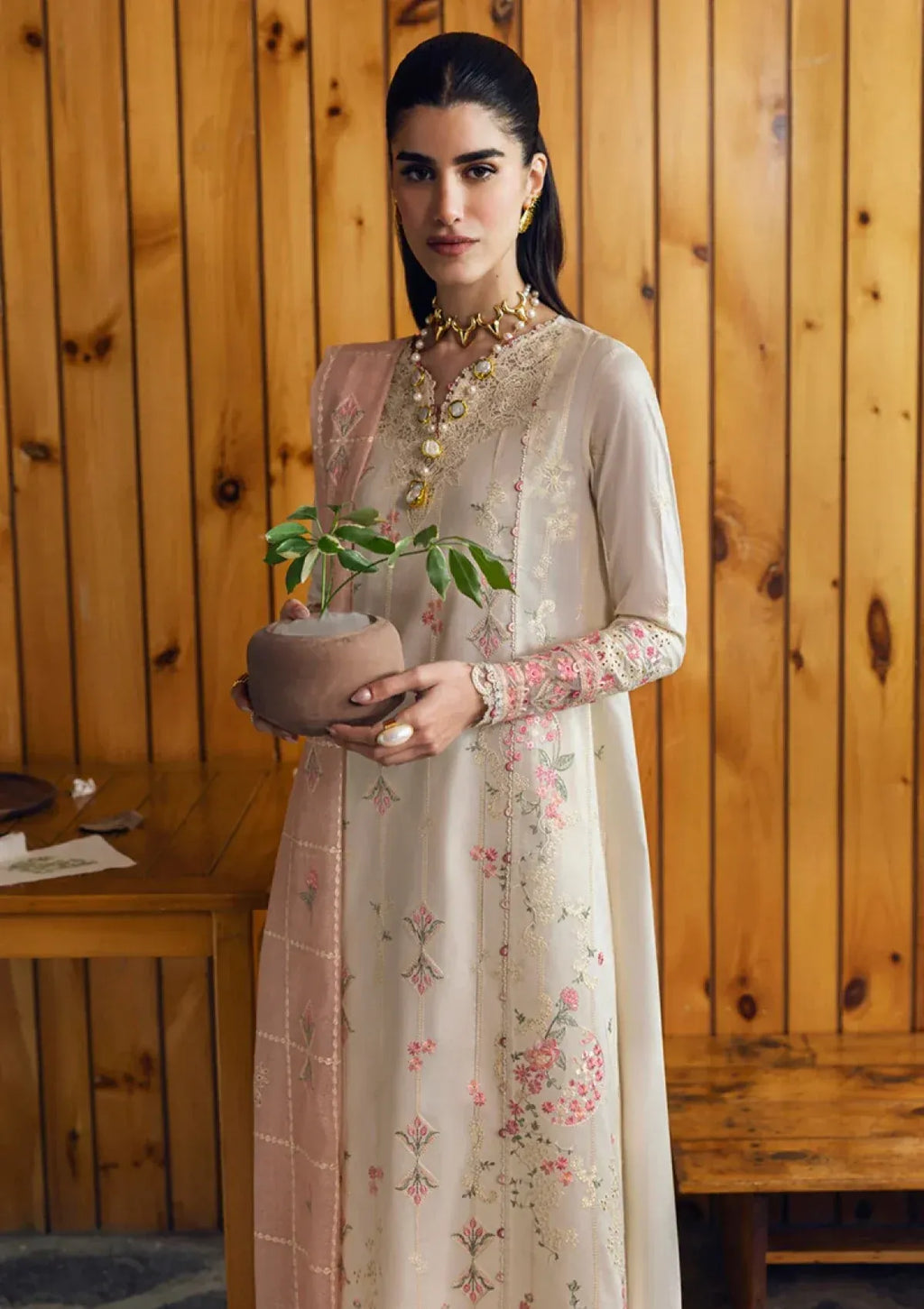 Pakistani Qalamkar Embroidered Unstitched Three Piece - Blush Pink