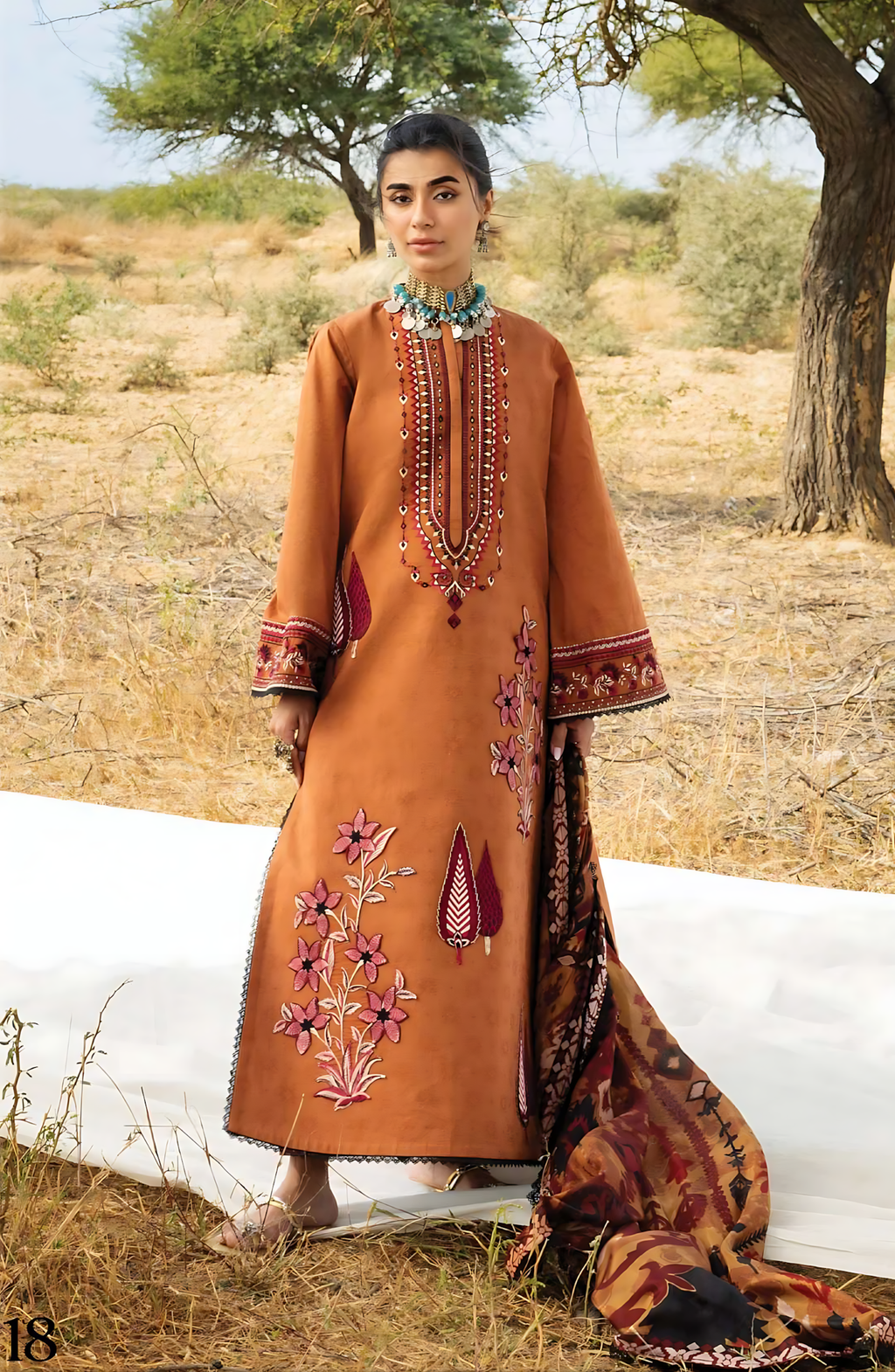 Pakistani Zainab Chottani Embroidered Jacquard Unstitched Three Piece - Brown