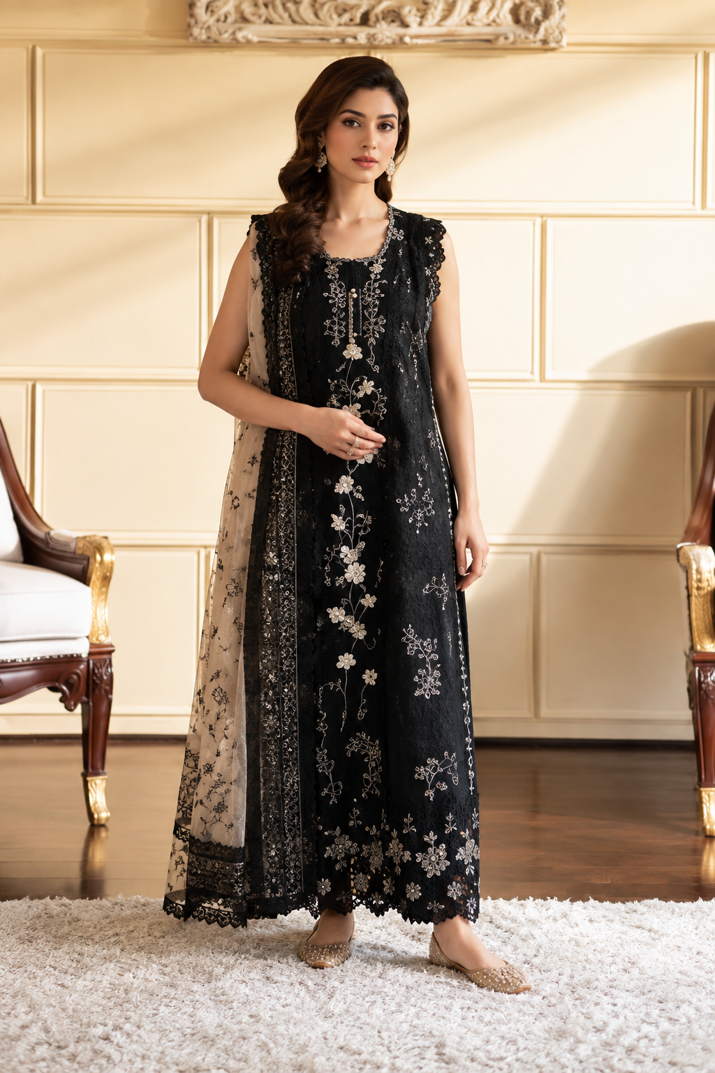 Pakistani Printed Embroidered Lawn Three Piece With Printed Silk Dupatta