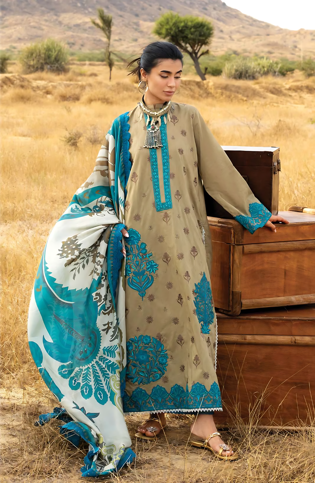 Pakistani Zainab Chottani Embroidered Jacquard Unstitched Three Piece - Beige