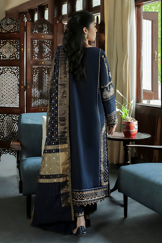 Pakistani Qalamkar Qline Embroidered Unstitched Three Piece - Navy Blue