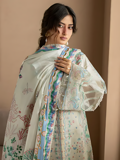 Pakistani Mahnur Sirene Lawn Unstitched Three Piece - Off White