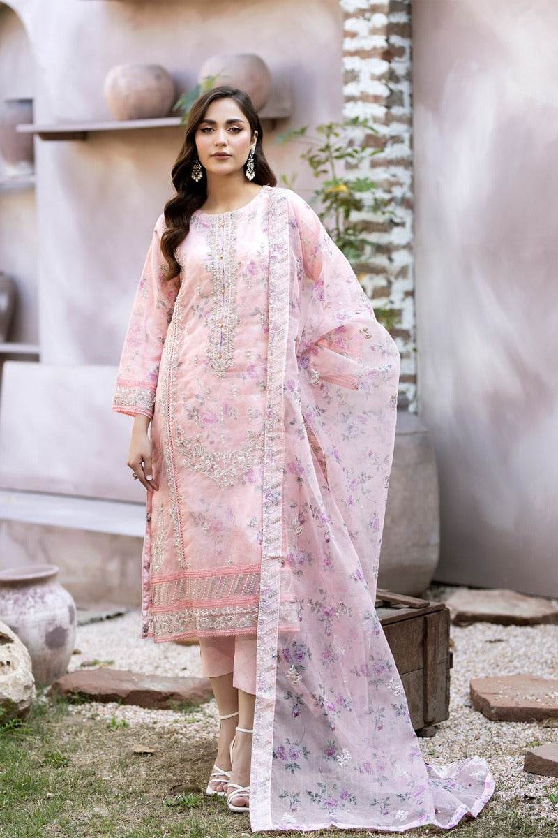 Pakistani Mahiye By Noors Organza Embroidered Unstitched Three Piece - Oyster Pink