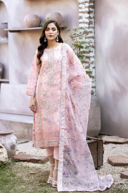 Pakistani Mahiye By Noors Organza Embroidered Unstitched Three Piece - Oyster Pink
