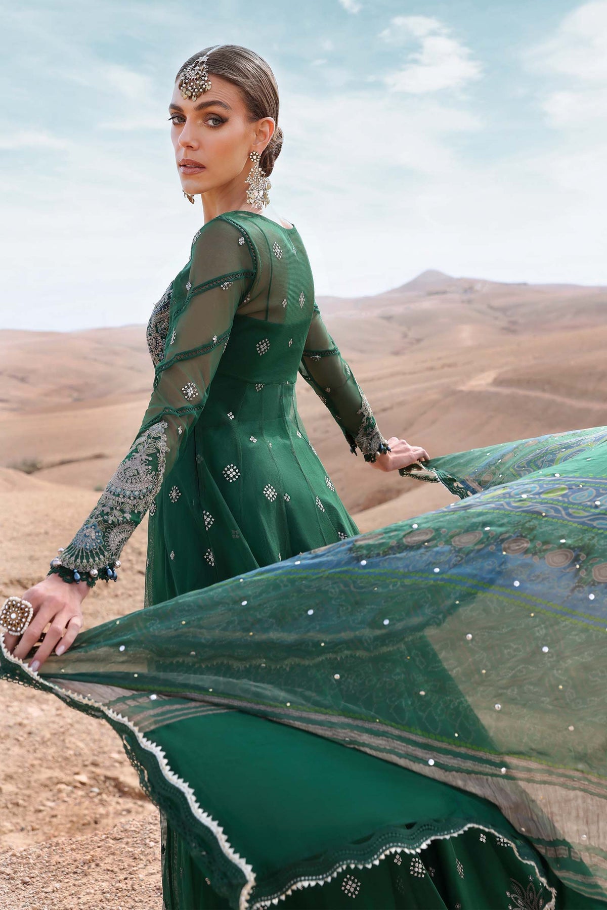 Pakistani Maria B Luxury Lawn Unstitched Bottle Green Three Piece - Bottle Green