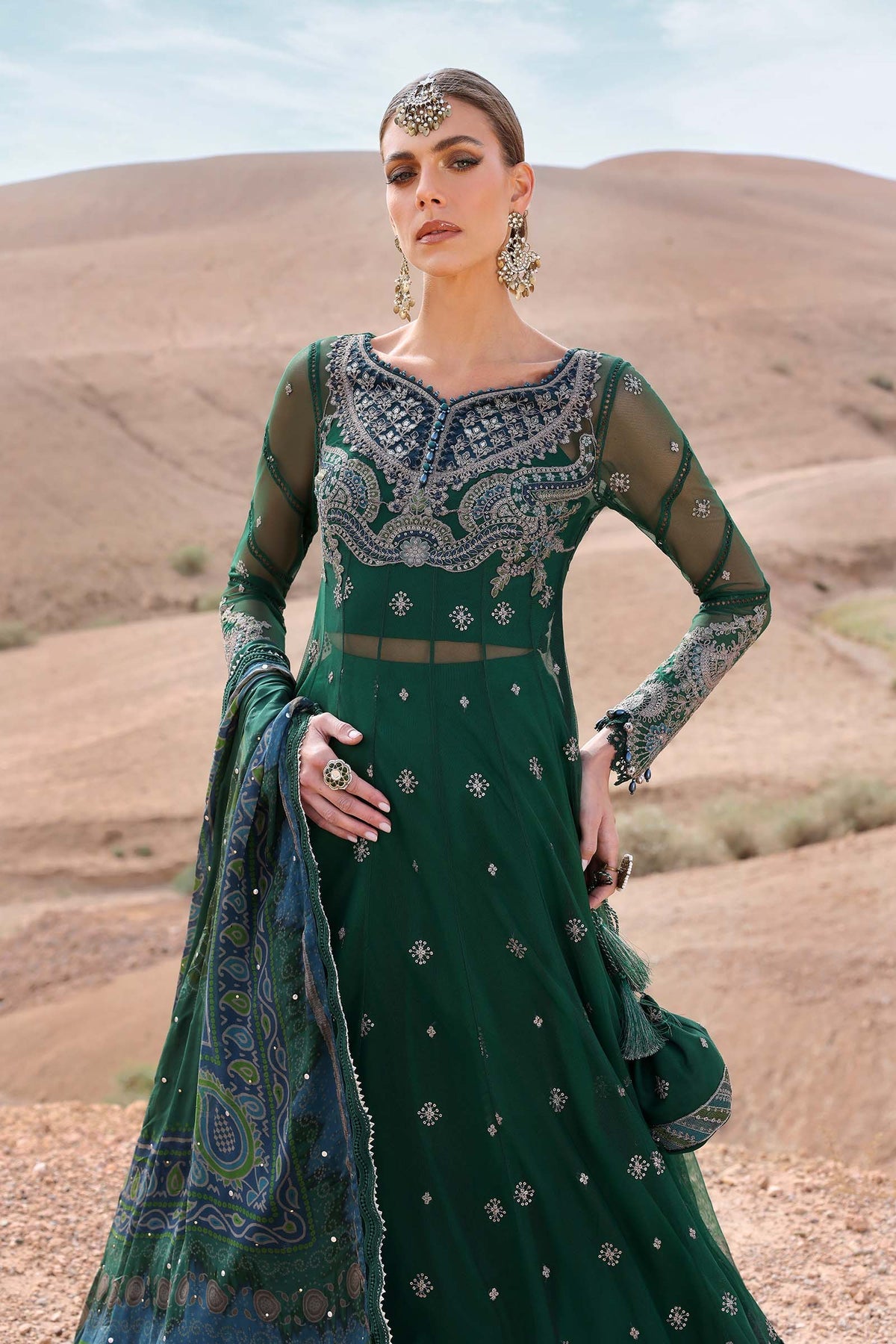 Pakistani Maria B Luxury Lawn Unstitched Bottle Green Three Piece - Bottle Green
