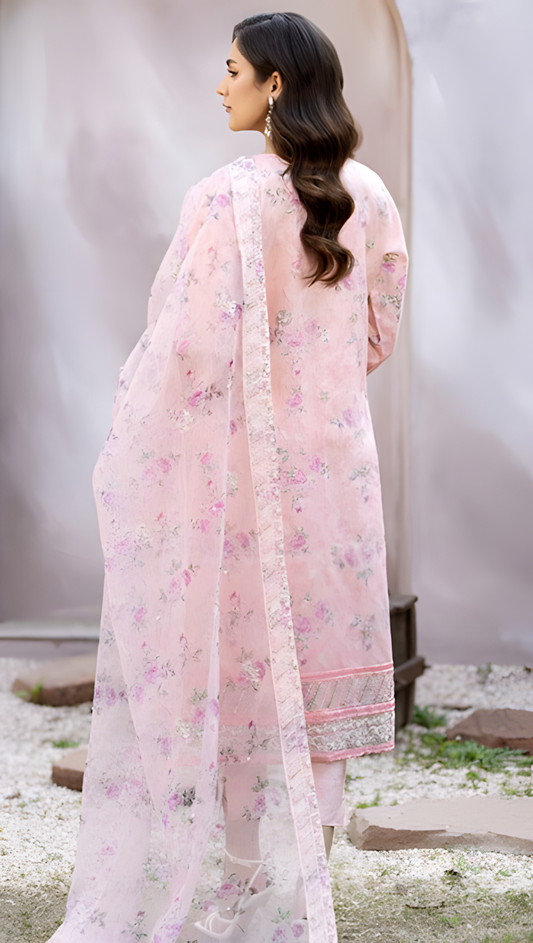 Pakistani Mahiye By Noors Organza Embroidered Unstitched Three Piece - Oyster Pink