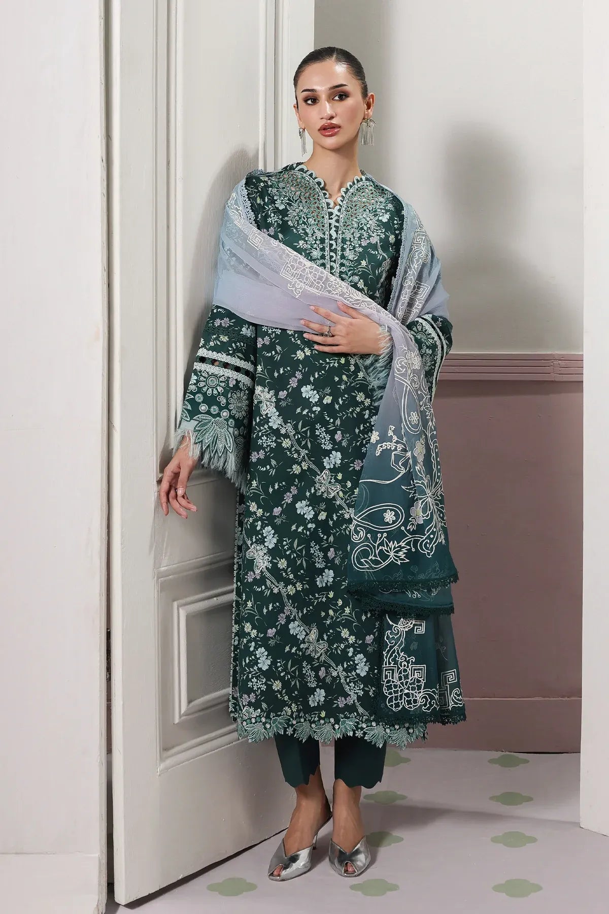 Pakistani Digital Printed & Embroidered Lawn Unstitched Three Piece - Gable Green