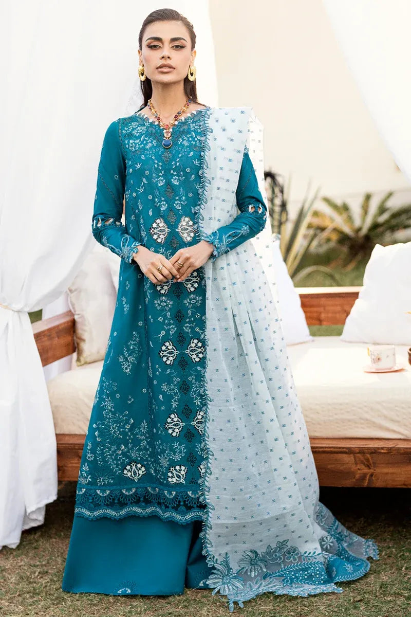 Pakistani Alyana Embroidered Unstitched Three Piece - Teal Blue