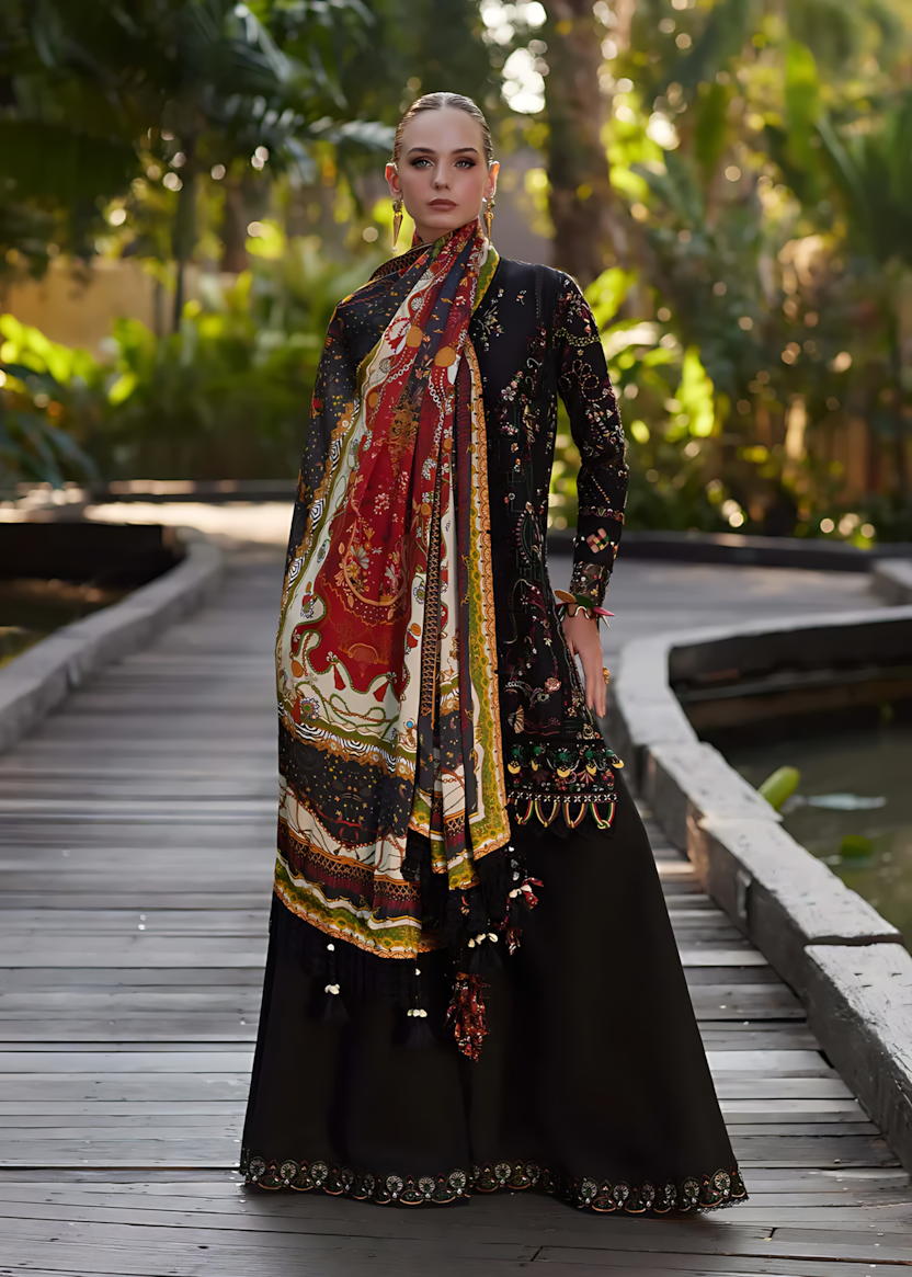 Pakistani Kanwal Malik Ariya Lawn Unstitched Three Piece - Black