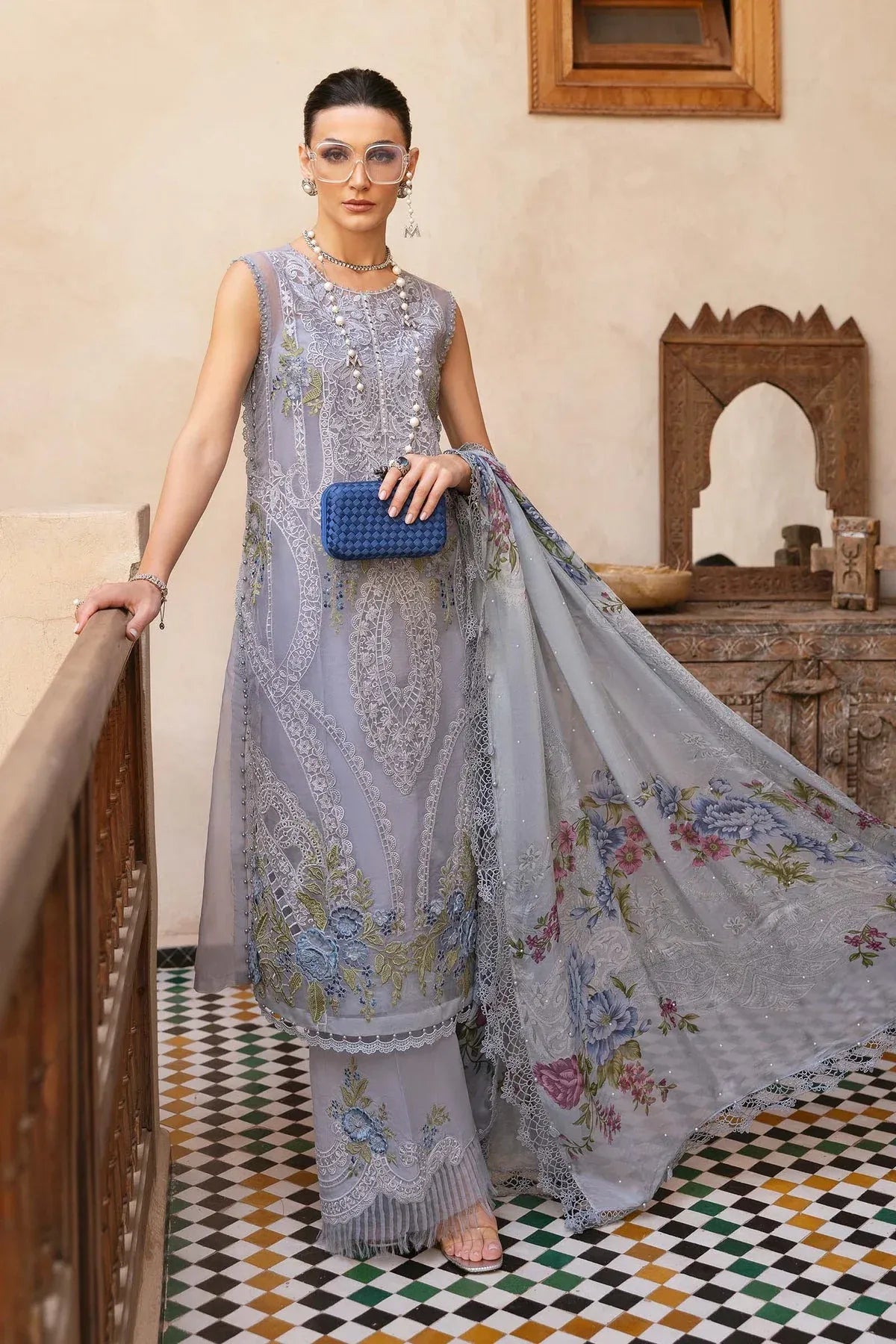 Pakistani Maria B Luxury Lawn Unstitched Three Piece - Ice Blue