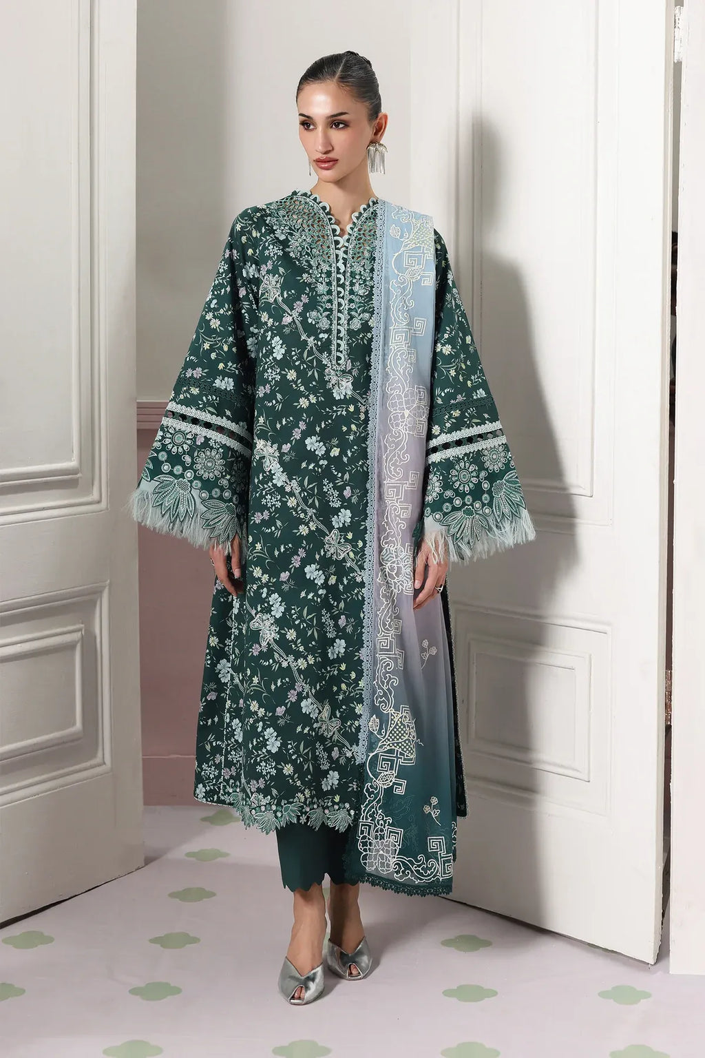 Pakistani Digital Printed & Embroidered Lawn Unstitched Three Piece - Gable Green