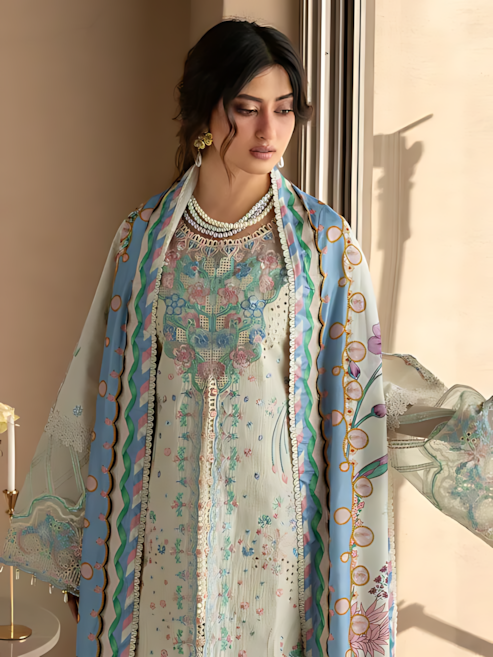 Pakistani Mahnur Sirene Lawn Unstitched Three Piece - Off White